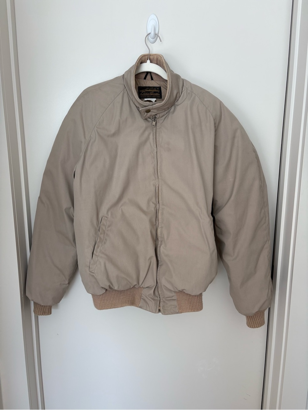 VNTG Eddie Bauer Bomber Flight Jacket Goose Down Fill Tan Khaki Beige Classic L